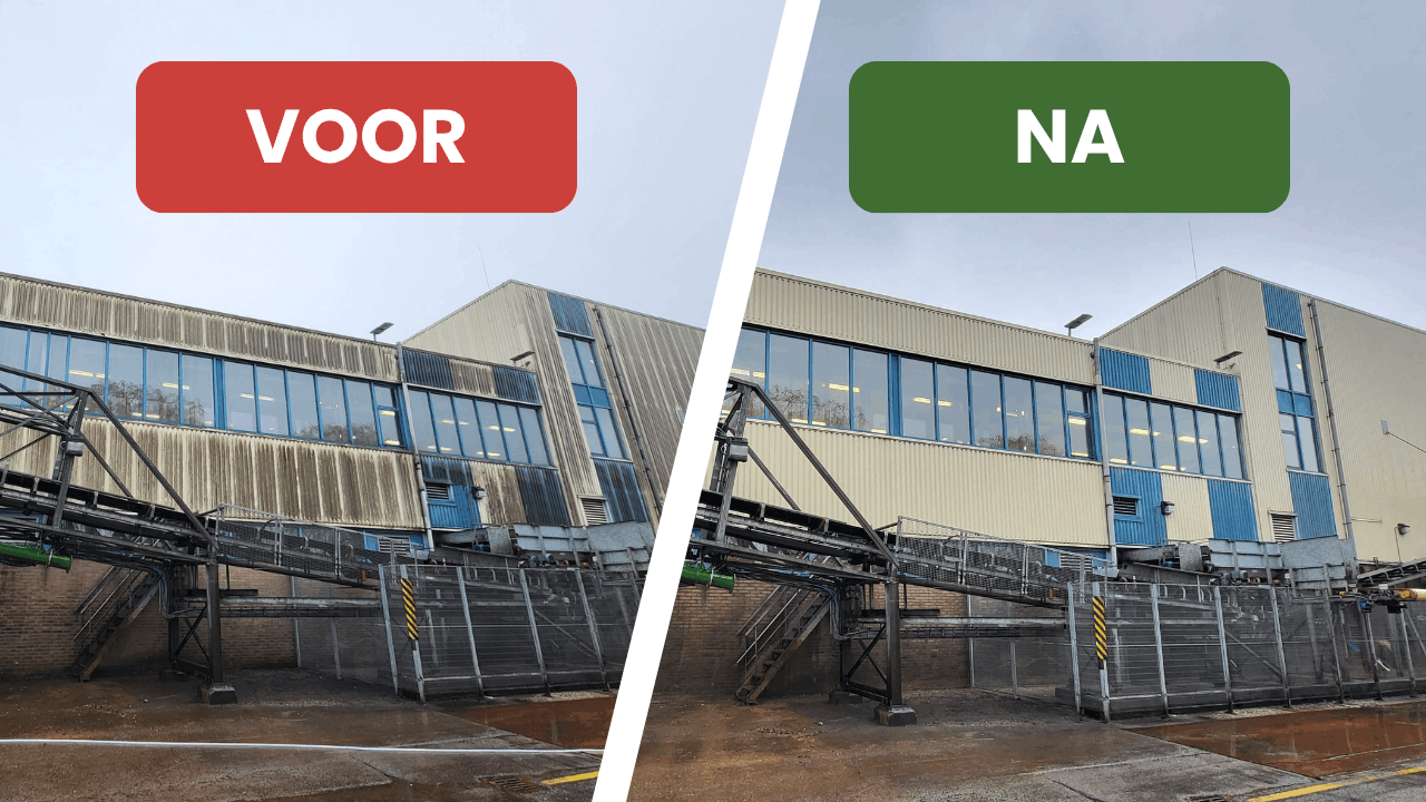 bedrijfspand reiniging voor en na resultaat met go softwash